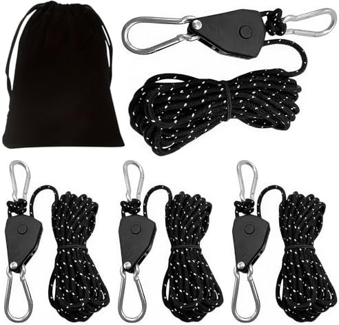 4Stk 4mm Reflektierend Abspannseile Seil mit Seilspanner, 4m Verstellbarer Seil Ratsche mit Haken Zeltschnur Grow Lampe Aufhänger Reflektierende Abspannseile für Sonnensegel Camping Schnur Wäscheleine
