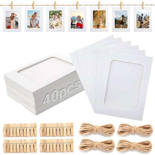 Hhaoysogd 40 Stücke Aufhängen Fotorahmen aus Pappe, 11.5 * 15.5 cm DIY Karton Bilderrahmen mit Clip & Hanfseil, DIY Bilderrahmen Wanddekoration für Hochzeit Party Geburtstag Fotogirlande (Weiß)