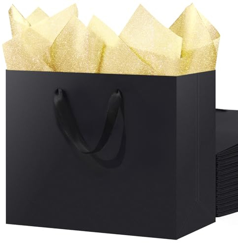 SHIPKEY 3 Pack Extra Large Black Gift Bags with Gold Tissue Paper, 40x15x30cm Kraft Paper Shopping Bags with Ribbon Handles for Birthday, Wedding, Party, and Holiday Gifts | 16x6x12 Inches Black Gift Bags, 40x15x30cm Party Favor Bags with Handles Paper Bag | Shopping Bag for Birthday