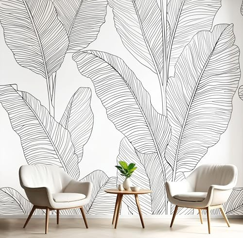 Papier Peint Panoramique Feuilles Bananier Peintes À La Main Soie, 250X175Cm, Poster Geant Mural Noir Blanc, Personnalisé 3D Pour Salon Chambre D'Enfants Restaurant Décoration Murale Plantes Simples