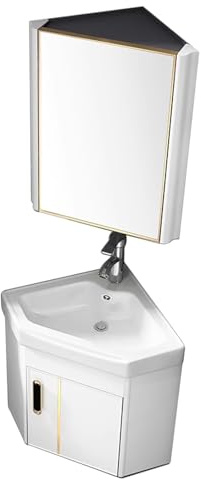 Eckwaschbecken mit Unterschrank und Spiegelschrank Badezimmermöbel Hängend mit Warm und Kaltwasserhähnen für kleine bäder, Toiletten(White,38CM(15''))