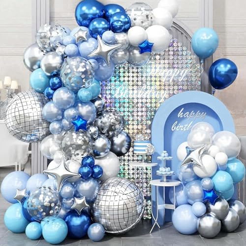 Luftballon Girlande Blau,97Pcs Ballon Girlande Blau Weiß,Luftballons Geburtstag Party Deko,Disco Kugel Folienballons Ballons für Geburtstag Hochzeit Kommunion Dekorationen