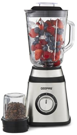 Geepas 2 in 1 Food Jug Blender with 1.5L Glass Jar | Stainless Steel Blades, 2 Speed Control with Pulse | Smoothie Blender with Coffee/Spice Grinder Mill Included 1.5L, 600W Silver (Renewed)