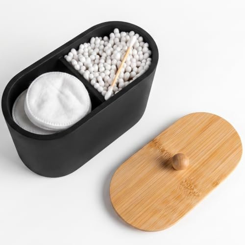 Wattestäbchenhalter mit Deckel, 2 Fächer Tampon Halter Aufbewahrung Box for o.b. Tampon Wattestäbchen Behälter Qtip Spender für Bad Organizer Wattepad Zahnseide Baumwollbehälter Ohrstäbchen, Schwarz