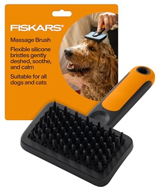 Fiskars Pet Massage Brush, Cat and Dog Brush, Flexible Silicone Bristles & SoftGrip Handle for Gentle Grooming and Deshedding, Cat and Dog Supplies, 6.5”, Orange/Black