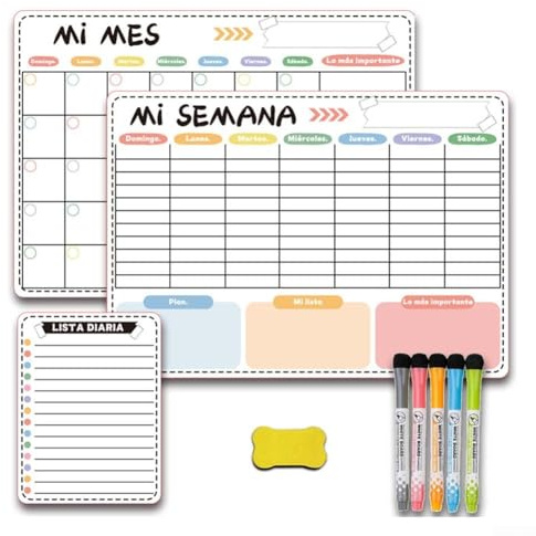 Trocken abwischbarer Kalender, magnetisches Whiteboard-Kalender-Set mit wiederverwendbarem Monats-, Wochen-, Tagesplaner, dauerhaftes PET-Folienmaterial, für Kühlschrank-Familie (spanische Version)