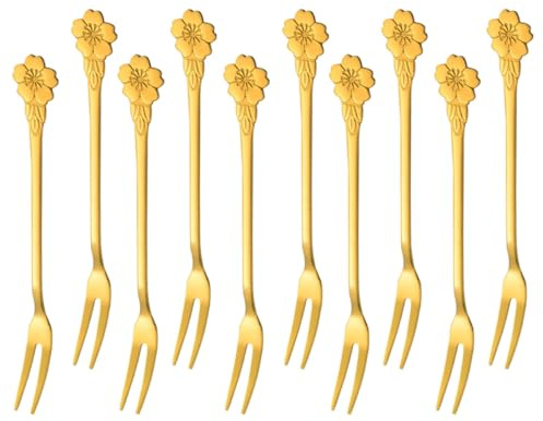 TOYANDONA 10 Piezas Tenedores Multipropósito de Acero Inoxidable para Frutas y Aperitivos Diseño de Dos Puntas Forma de Flor de Cerezo Aptos para Postres Fiestas y Uso Diario Cocina