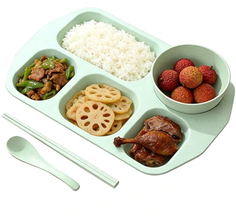 Genérico Platos Con Separadores - Vajilla Con 5 Compartimentos | Plato Para El Control De Porciones - Para Niños Estudiantes Hogar Oficina Escuela Guardería Hora De La Comida Comedor Restaurante
