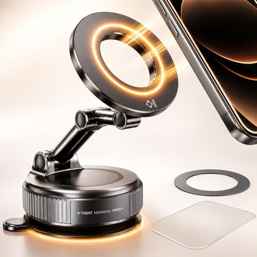 NOVA Handyhalterung Auto Magnet für MagSafe – Vakuum Saugnapf Handyhalterung Auto, 360° drehbar, für iPhone 12–17, Samsung & Android, Magnetische KFZ Handyhalterung für Armaturenbrett & Scheibe