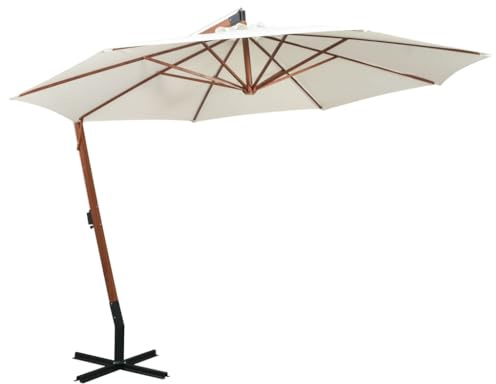 Mokuyary Ombrellone sospeso con palo in legno, 350 cm, bianco, ombrellone da esterno per terrazza, piscina, spiaggia, ristoranti, balcone