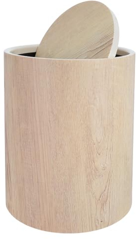 PACKOVE Papelera de Plástico con Tapa Abatible y Diseño de Vetas de Madera, Cubo de Basura Mediano Estilo Retro en Color Madera Natural, Adecuado para Oficina, Hogar, Cocina y Hotel