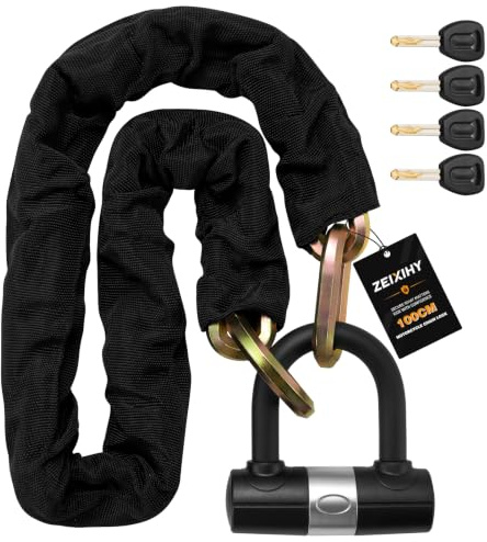 ZEIXIHY Heavy Duty Motorcycle Chain Lock, 10mm Hardened Steel Anti Theft Bike Lock Chain with U Lock & 4 Keys, 3.2FT Cut Resistant Security Lock for Motorcycle, E-Bike, Scooter, Bicycle, Gate - Gold