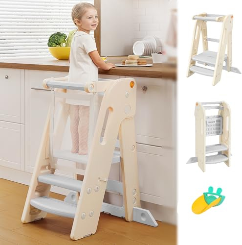Torre Montessoriana Pieghevole per Bambini, Sgabello a gradini regolabile in altezza per bambini (2–3 livelli), Learning Tower con Barra di Sicurezza, per Bancone Cucina Lavandino Bagno (Bianco)