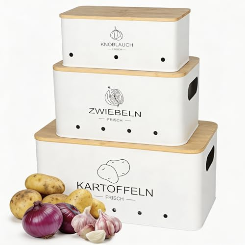 Otauoaea Lot de 3 Boite Pomme de Terre Onion Ail, Rangement Pomme de Terre Oignon Ail Echalotte, Panier Pot Conservation avec Couvercle en Bambou | Blanc
