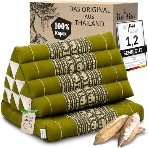 livasia Thai cushion with 1 seat rest - 30x20x3.1″ - Triangle cushion with seat cushion, Wedge cushion, kapok, Back support cushion, folding, Thai mat, folding, Hand made (Green/Elephants)