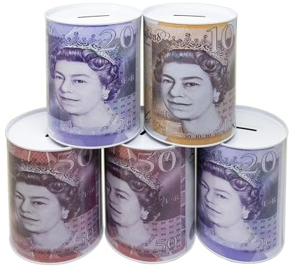 £5 Pound Note Money Coin Jar £5 £10 £20 £50 Notes Piggy Bank Jar Tin Coins Saving Cash (£5)