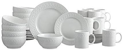 Pfaltzgraff Sylvia 32-Piece White Dinnerware Set, Service for 8, Durable Stoneware Plates, Bowls, and Mugs, Microwave and Dishwasher Safe