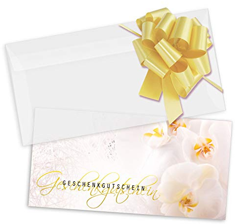 GESCHENKGUTSCHEINcom by POS-HAUER. Gutschein-Set. 10x Gutschein + Kuvert + Schleife. Für Fußpflegepraxis Podologie, Fußpflegegutschein, blanko zum selber Ausfüllen.