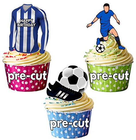 AK Giftshop PRECUT Happy Birthday Football Party Pack - Edible Cupcake Toppers/Cake Decorations Blue and White Striped Shirt Top (Pack of 12)