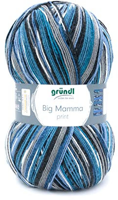 Gründl Lana - Big Mamma Print - Lana XXL per lavorare a maglia - Gomitolo grande 400 g / 1040 m - Gradiente di lana in 100% poliacrilico - jeans-azzurro-cielo-blu-pietra-grigio-navy-bianco