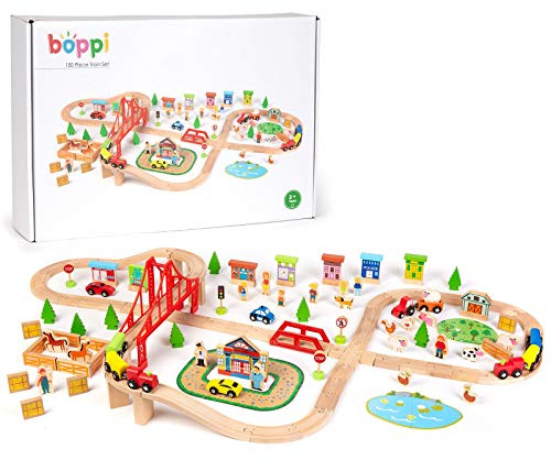 boppi Trenino Legno con Pista E Fattoria Animali Bambini - Giochi in Legno per Bambino con Macchinine Trattore Casetta e Ponte- Giochi Montessori Educativi - Giocattoli Bambino 3 Anni - 150 Pezzi