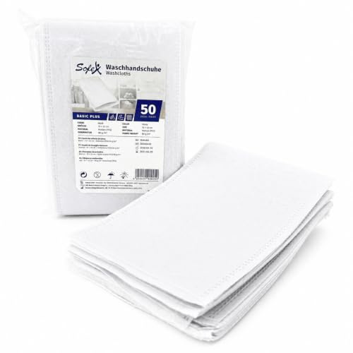 SOFEX Einmalwaschlappen Weiß, 50 Stück, 15x22 cm, 80 g/m² | Weiche Einmal-Waschhandschuhe aus saugstarkem Molton (PES) – für Pflege, Baby, Reisen & Haushalt.