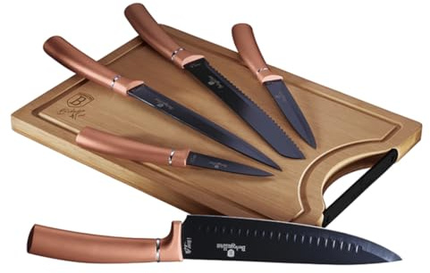 Berlinger Haus Rose Gold Set de 5 Couteaux de Cuisine Professionnels, Planche à Découper en Bambou, Lame en Acier Inoxydable, Revêtement Antiadhésif, Couteau de Chef, Pain, Design Metallic Line