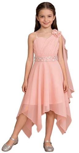 Freebily Robe de Mariage Enfant Fille Fleur Eté Robe Demoiselle d'honneur Fête Anniversaire Une Epaule Dos Nue 5-16 Ans Rose 15-16 Ans