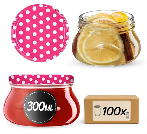 KADAX Lot de 100 petits bocaux à confiture miniatures de 300 ml pour miel et épices, pots à confiture avec couvercle, hermétiques, à offrir (pois roses à pois)