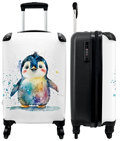 NoBoringSuitcases.com Kinderkoffer Handgepäck Trolley - Cabin Max 55x40x20 cm, Aquarell Pinguin Design
