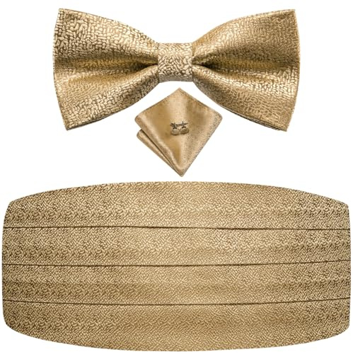 Dubulle Mens Paisley Floral Cummerbund and Bowtie Silk Pretied Bow Ties for Men Handkercheif Cufflinsk Set,Dark Gold