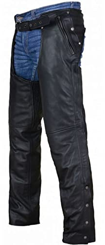Dream Apparel Black Leather Motorcycle Riding Chaps for Men and Women W/Removable Liner and Four Deep Pockets, Cowboy Biker Chaps Pants (Size 3XL)
