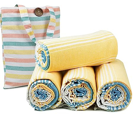 HILLFAIR Cotton Turkish Beach Towels, Quick Dry Lightweight Sand Free Peshtemal Towel for Bath Swim Yoga Travel, Beach Accessories, Oversized Cotton Turkish Towels (39 x 72 inch- 4 Pack Yellow Blue)