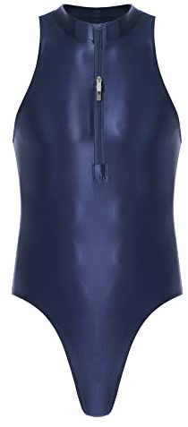 iEFiEL Herren Öl Body Top Ärmellose Bodysuit mit Reißverschluss Glossy Hemd High Cut Stringbody Catsuit Reizwäsche Dessous Marineblau Einheitsgröße