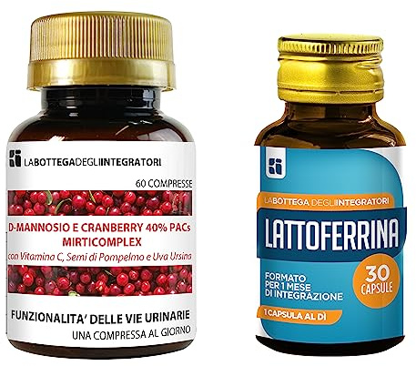 Set di Integratori Cranberry 40% PAC, D-Mannosio 60 compresse e Lattoferrina 30 capsule | Vie Urinarie e Sistema Immunitario LABOTTEGADEGLIINTEGRATORI