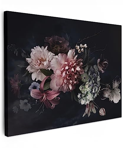 MuchoWow© Bilder Wohnzimmer Deko Modern Wandbild Foto auf Leinwand Bild | 80x60 cm - Schlafzimmer Room Decor Geschenke Blumen - Vintage - Pastell - Schwarz - Rosa - Blumenstrauß