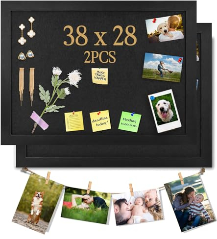 Schwarz Pinnwand aus Kork mit Filz, 38x28CM kleines Anzeigebrett für Wände, Schmuck, Notizen, Sammlungen, Fotos, Büro, Holzrahmen (Schwarz) & Filz (Schwarz), 2 Stück.