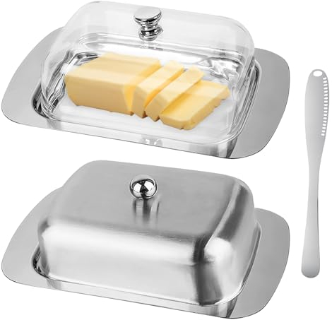 2 Stück Butterdose Edelstahl, Butterdose mit Deckel Transparente, Butterdosen mit Buttermesser, Butterglocke Dessertschale Käsebrotbox Butterbehälter