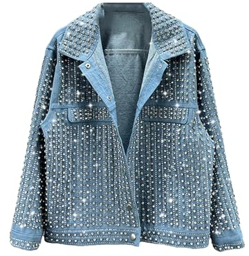 UIOKLMJH Patchwork Nieten Jeansjacke Für Damen Modisch Revers Lange Ärmel Lose Mäntel Blue M