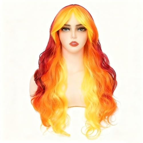 Siudus Frauen Gelb Orange bis Rot Perücke Lange Lockige Wellige Bunte Mittelteil Haarperücken mit Bangs Synthetische Hitzebeständige Faserperücke für Cosplay Kostüm Halloween Gebrauch