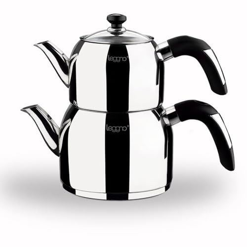 Samovar - Juego de tetera turca de acero inoxidable, diseño ergonómico, fácil de usar en todos los tipos de estufas, hervidor de agua, asas negras, autofiltrante - (34 onzas líquidas - 66 onzas