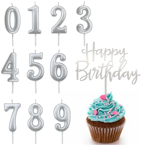 Ronoza 10 Stück Silber Geburtstagskerzen Zahlen 0-9, Kerzen Geburtstag, Geburtstagskerze, Geburtstagskerzen für Torte, Kerze 0-9, Kerzen Zahlen mit Silber Happy Birthday Cake Topper