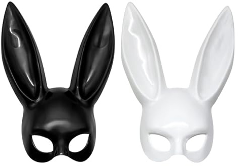 Embhlitfe Lot de 2 masques de lapin - Noir et Blanc - Demi-masque pour femme et homme - Accessoires de mascarade pour Halloween, Pâques, Noël et autres fêtes