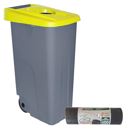 WELL HOME MOBILIARIO & DECORACIÓN Contenedor Abierto 85L Amarillo H.76cm + Rollo 10 bolsas de basura 100L