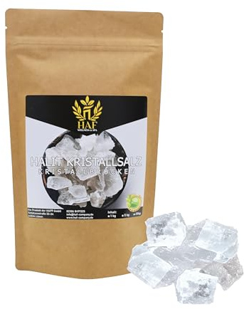 HAF Weiße Halit Salzbrocken 1 kg | Grobe Steinsalz Brocken ohne Zusätze und naturbelassen aus der Salt Range in Pakistan | Salzsteine | Solebrocken | Größe: 2-5 cm | Menge: 1 x 1 kg im Beutel