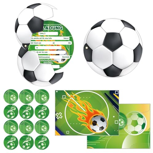 Fakindiy 12 Stück Einladungskarten Kindergeburtstag Fußball – Einladungen für Mädchen & Jungen – Partyeinladungen mit Umschlägen & Stickern