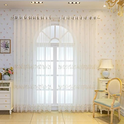 Wycian Gardine Querbehang Oben Gardinen Weiss Voile 2er Pack mit Perlenhäkelblumenmuster H214 x B102 cm (2er Pack) Polyester