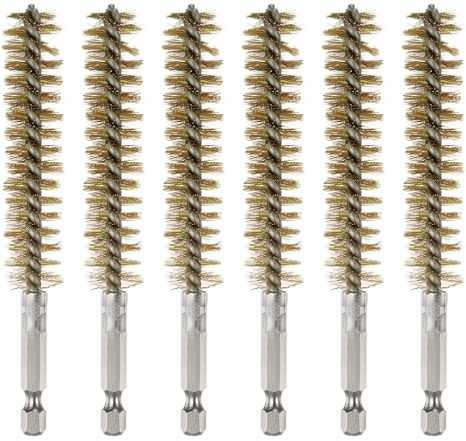 sourcing map 6Pcs Brass Bore Brush 16mm Dia 4.5 Long Cleaning Twisted Wire Brush with Handle 1/4 Hex Shank for Tubes Ports Bearings, Yellow