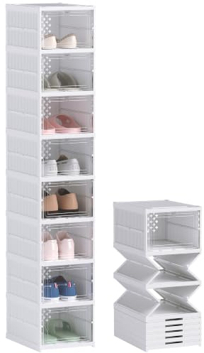 HOMCOM Scarpiera Modulabile, 8 Contenitori per Scarpe Impilabili, Bianco | Organizer Porta Scarpe Pieghevole Salvaspazio Verticale, Pannello Trasparente, Senza Montaggio