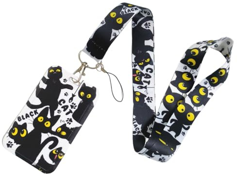SamHeng Estampado de Animales Cordón de Cuello con Portatarjeta, Soporte para Tarjetas de Identificación con Cordón Porta Tarjetas Cordones de Insignia para Oficina Exposiciones Escolar Uso (Gato)